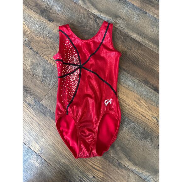 Red Shimmer GK Leotard with Black and Gem Design (CM/CL) - Picture 1 of 4